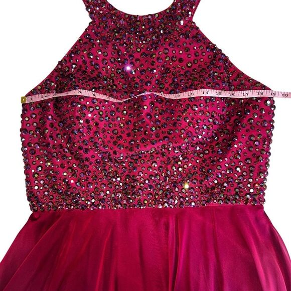 Sherri Hill Beaded Halter Back Fit & Flare Burgundy Ball Gown – Size 18 - Picture 10 of 13